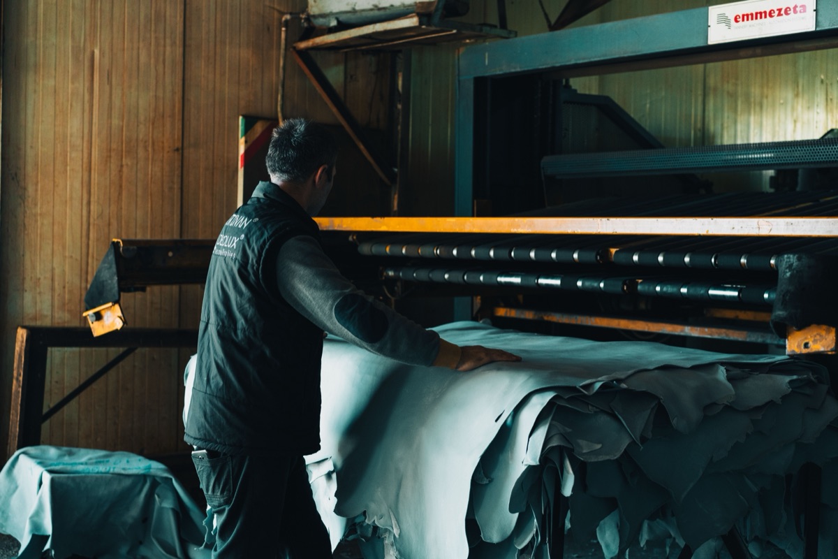 Worker handling hides at a tannery machine