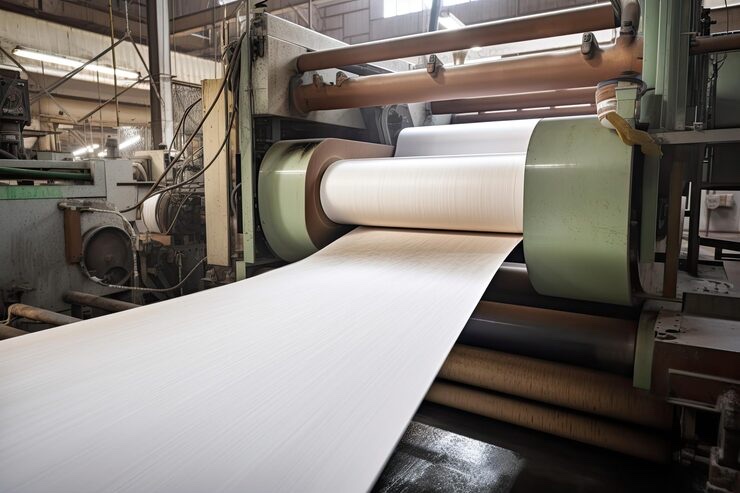 Paper sheet running through rollers in a paper mill